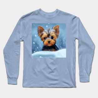 Adorable Yorkshire Terrier Puppy Dog in the Snow Long Sleeve T-Shirt